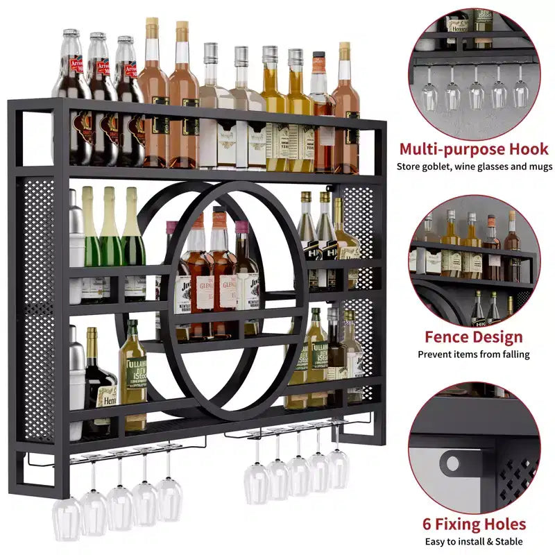 Bekrvio Scaffale Portabottiglie a 3 Livelli da Parete, 39in/47in Ripiani Fluttuanti in Metallo con Porta Calici, Scaffale Industriale per Liquori per Bar di Casa