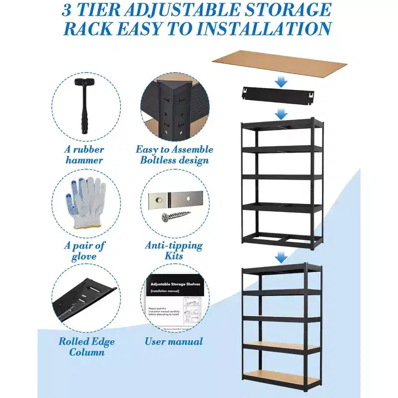 Scaffalatura da garage 36x18x72, mensole regolabili in metallo resistente, scaffale a 5 ripiani, capacità 2500 libbre, acciaio di grado industriale con pannelli in MDF