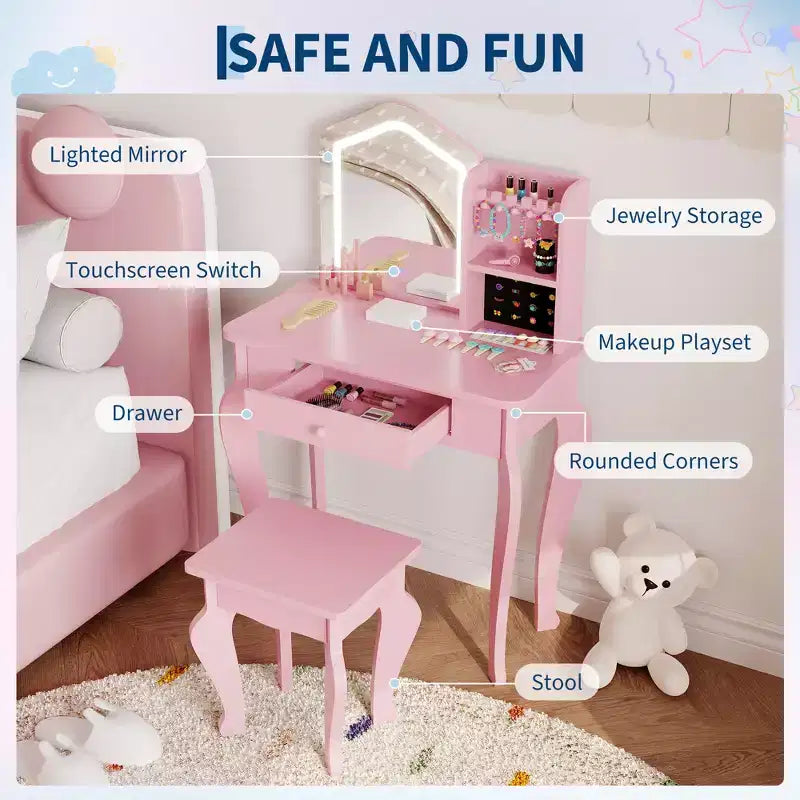 Set toeletta per bambine con sgabello, per età 3-8 anni - Ideale per camera da letto o sala giochi