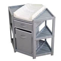 Space-Saving Corner Baby Changing Table with Storage Drawer, Laundry Hamper & Waterproof Pad, Modern Wood Diaper Station for Nursery, Grey