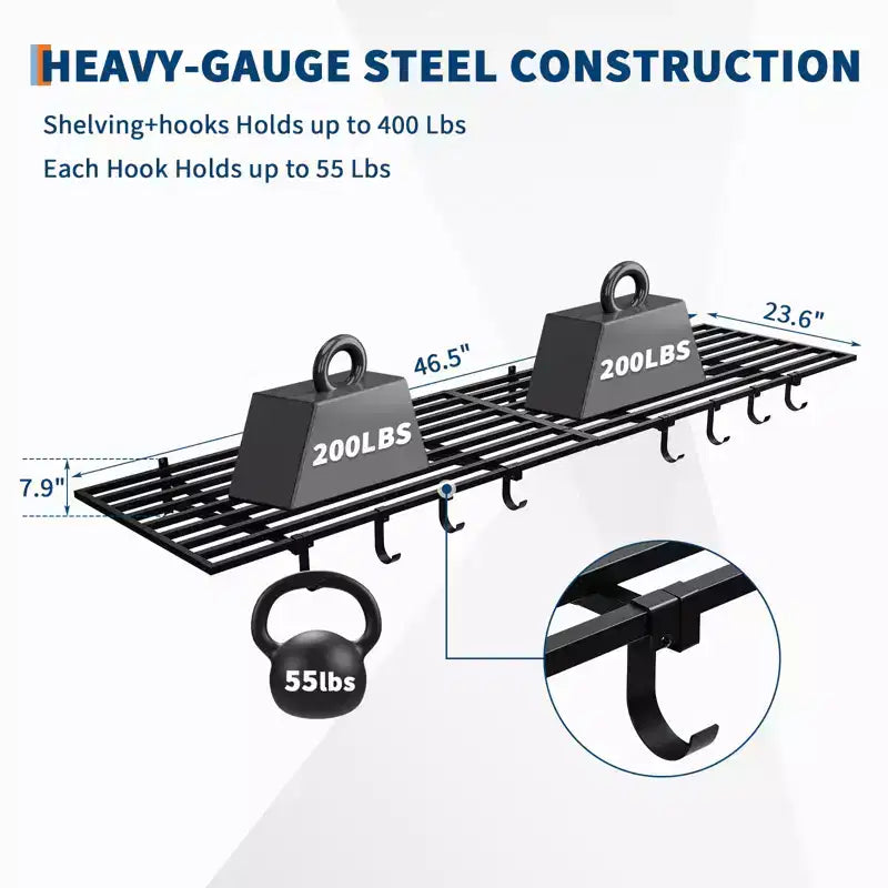 Mensole da Garage Resistenti 2 Pezzi 60x120 cm, Scaffale Metallico a Parete con Ganci, Capacità 90 kg Ciascuna, Salvaspazio per Garage/Officina/Casa, Facile da Installare