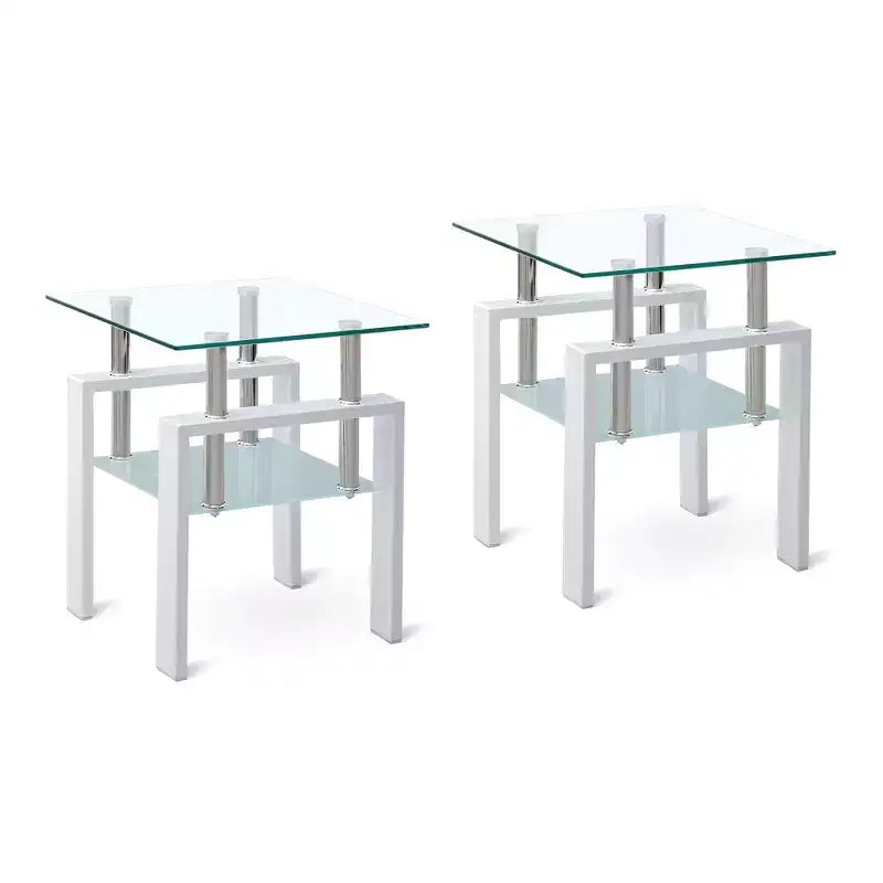 Set of 2 White Tempered Glass End Tables, 2-Tier Side Tables with Storage for Living Room