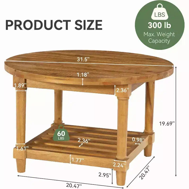 Tavolino rotondo da caffè Lantine, 80 cm, in legno massello, stile rustico, con ripiano portaoggetti a 2 livelli, per soggiorno, piccoli spazi, appartamento