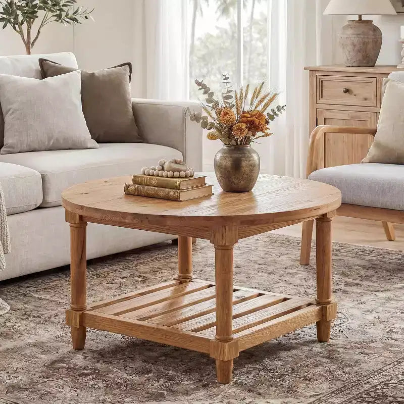 Tavolino rotondo da caffè Lantine, 80 cm, in legno massello, stile rustico, con ripiano portaoggetti a 2 livelli, per soggiorno, piccoli spazi, appartamento