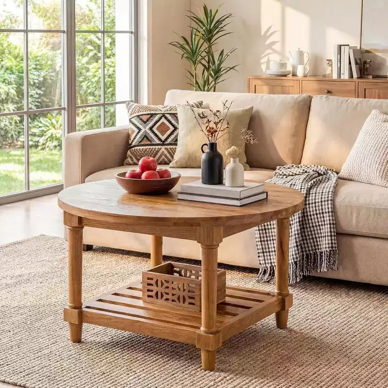 Tavolino rotondo da caffè Lantine, 80 cm, in legno massello, stile rustico, con ripiano portaoggetti a 2 livelli, per soggiorno, piccoli spazi, appartamento