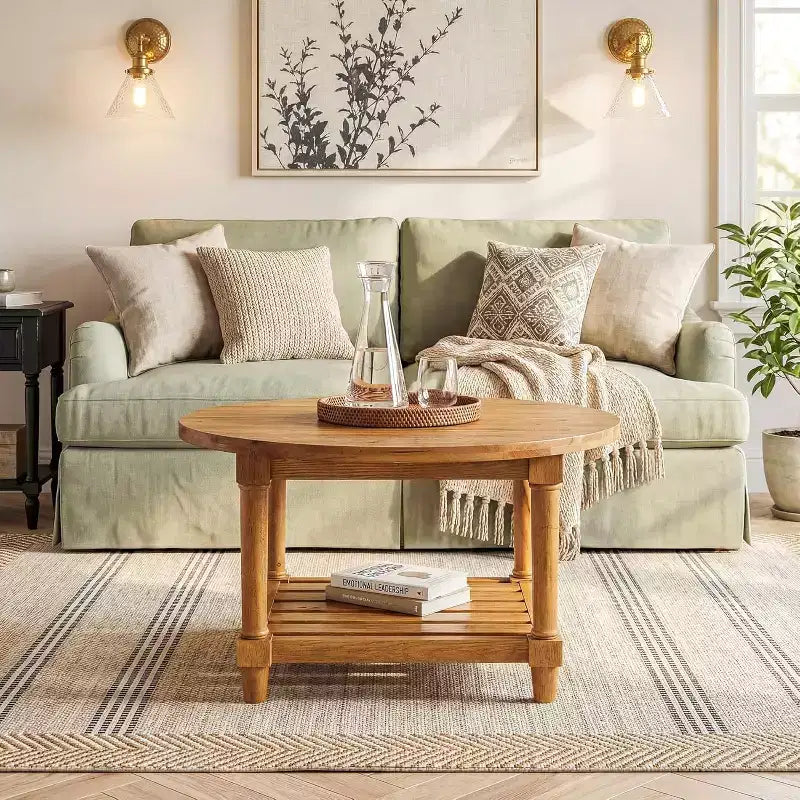 Tavolino rotondo da caffè Lantine, 80 cm, in legno massello, stile rustico, con ripiano portaoggetti a 2 livelli, per soggiorno, piccoli spazi, appartamento