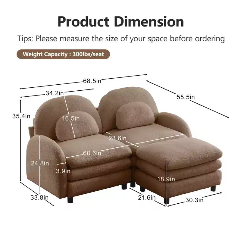 Divano sezionale moderno Steini 117 a 2 posti in tessuto orsetto con cuscini lombari curvi e pouf mobile GDFStudio