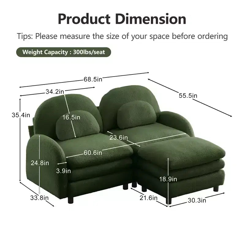 Divano sezionale moderno Steini 117 a 2 posti in tessuto orsetto con cuscini lombari curvi e pouf mobile GDFStudio