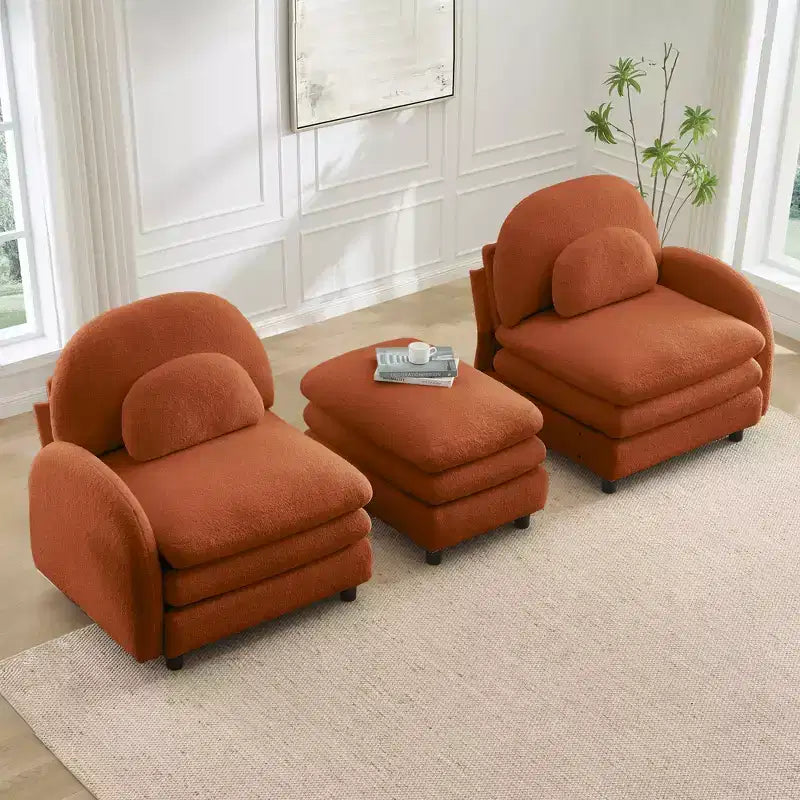 Divano sezionale moderno Steini 117 a 2 posti in tessuto orsetto con cuscini lombari curvi e pouf mobile GDFStudio