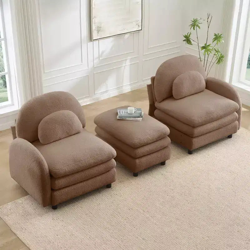 Divano sezionale moderno Steini 117 a 2 posti in tessuto orsetto con cuscini lombari curvi e pouf mobile GDFStudio