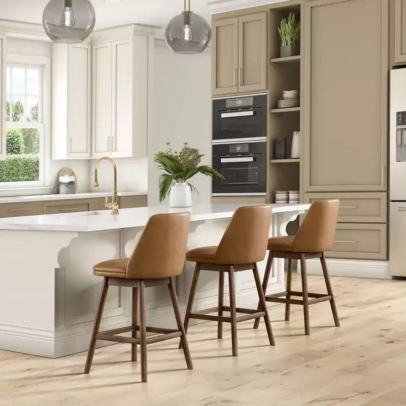 ROME + OAK Sgabello da bancone girevole Rowan 26, finitura noce e pelle marrone, confezione da 4 pezzi