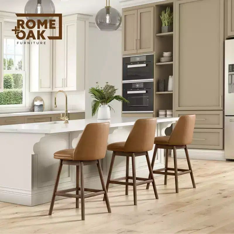 ROME + OAK Sgabello da bancone girevole Rowan 26, finitura noce e pelle marrone, confezione da 4 pezzi