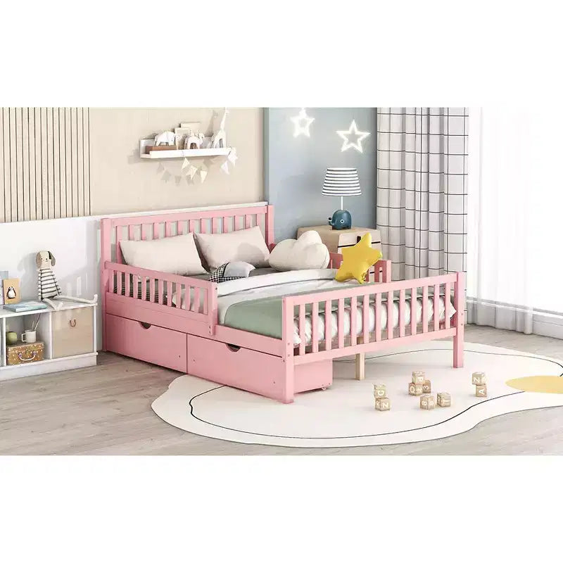 Letto a piattaforma in legno massiccio con sponde di sicurezza e 2 cassetti contenitori, rosa
