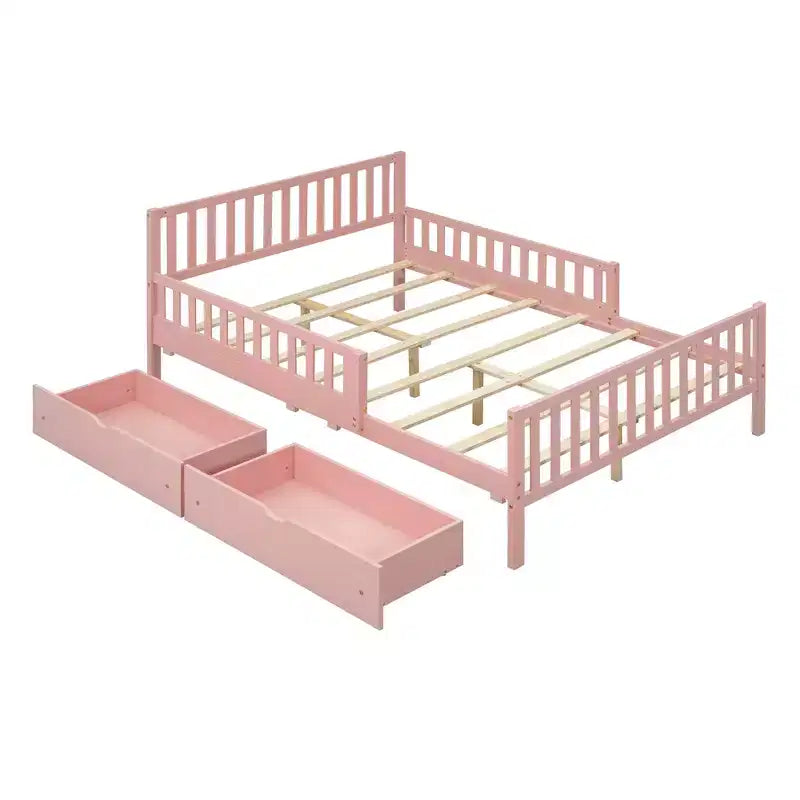 Letto a piattaforma in legno massiccio con sponde di sicurezza e 2 cassetti contenitori, rosa