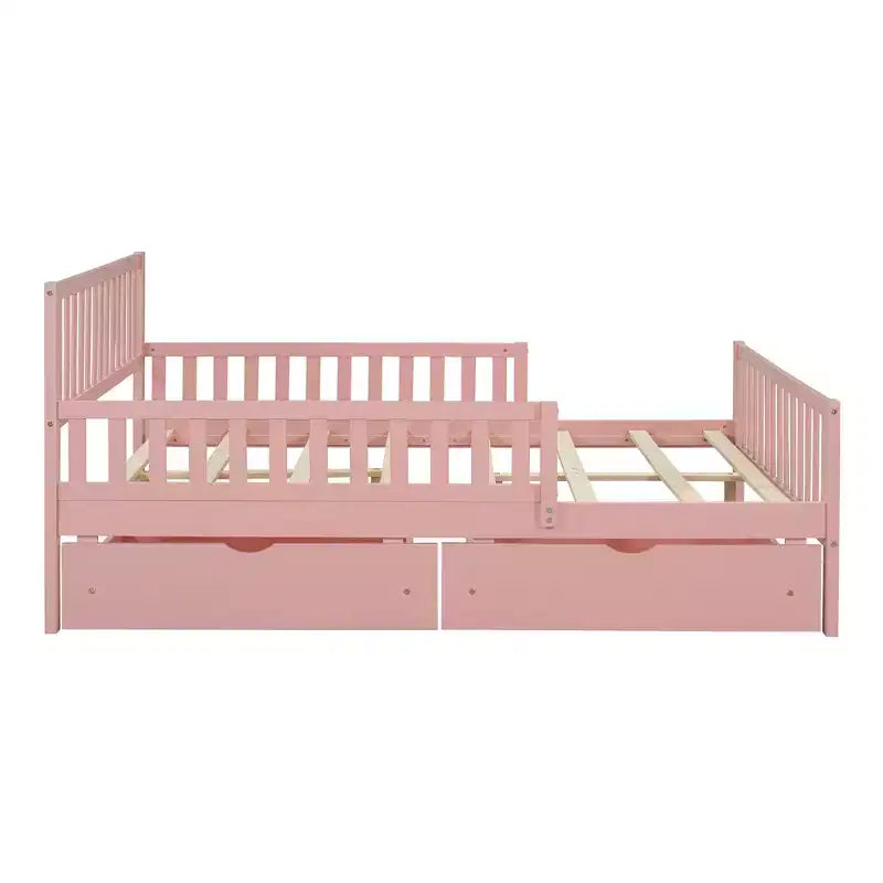 Letto a piattaforma in legno massiccio con sponde di sicurezza e 2 cassetti contenitori, rosa