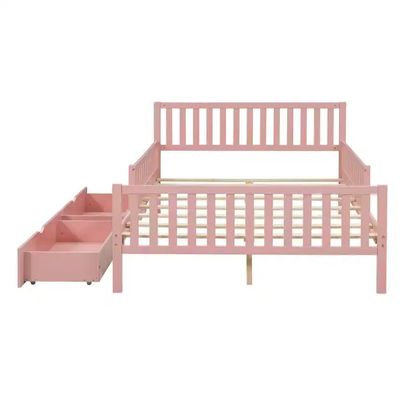 Letto a piattaforma in legno massiccio con sponde di sicurezza e 2 cassetti contenitori, rosa