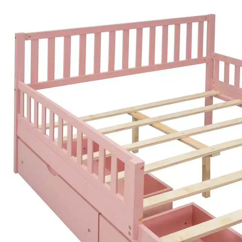 Letto a piattaforma in legno massiccio con sponde di sicurezza e 2 cassetti contenitori, rosa