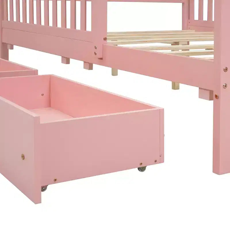 Letto a piattaforma in legno massiccio con sponde di sicurezza e 2 cassetti contenitori, rosa