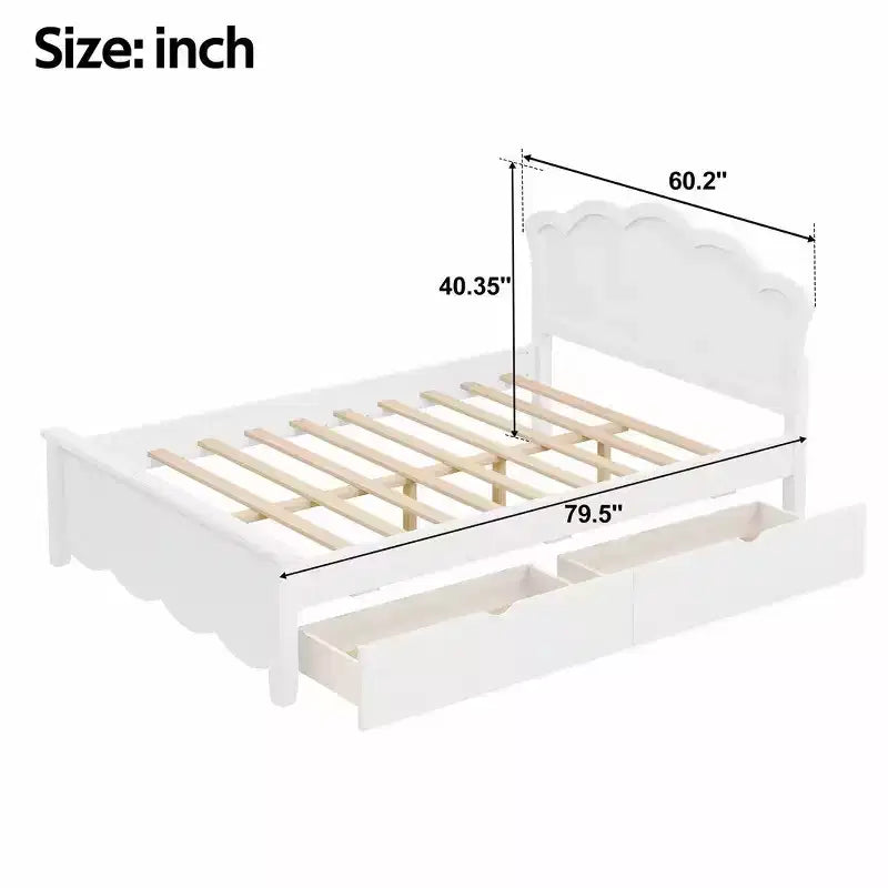 Letto a piattaforma moderno Luxystar con testiera e 2 cassetti, bianco