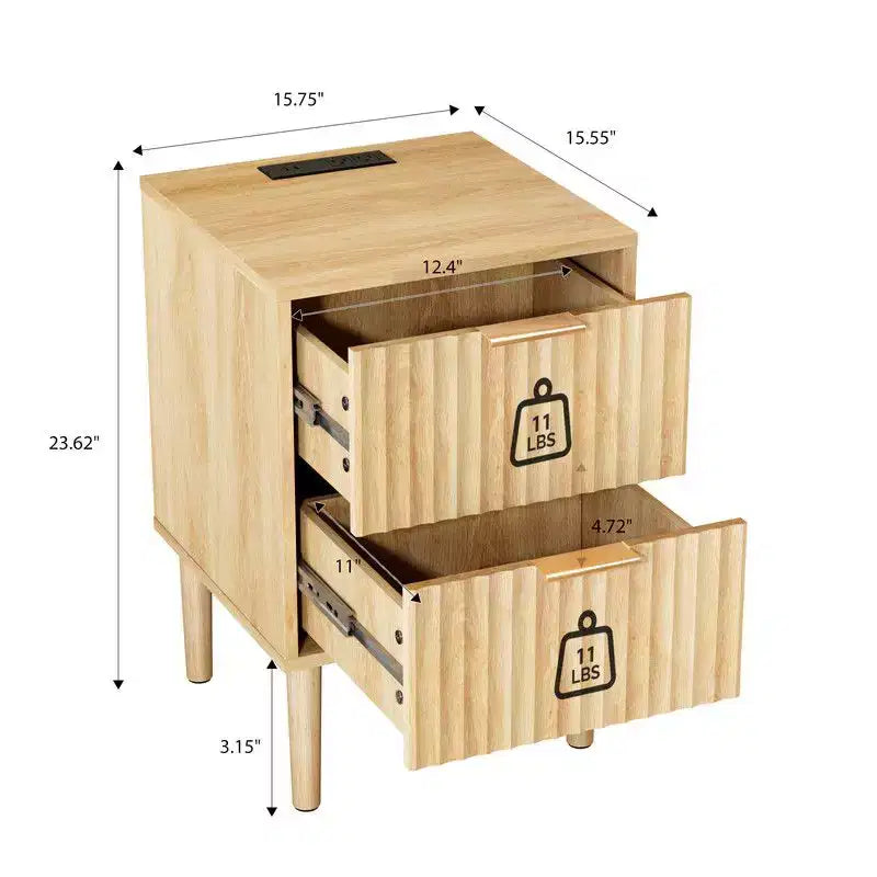 Comodino Karl Home da 39.8 cm, Rovere, MDF P2 da 15MM, Melaminico e Termoformato, 2 Cassetti, Presa USA (1USB+1TYPE C+2AC)