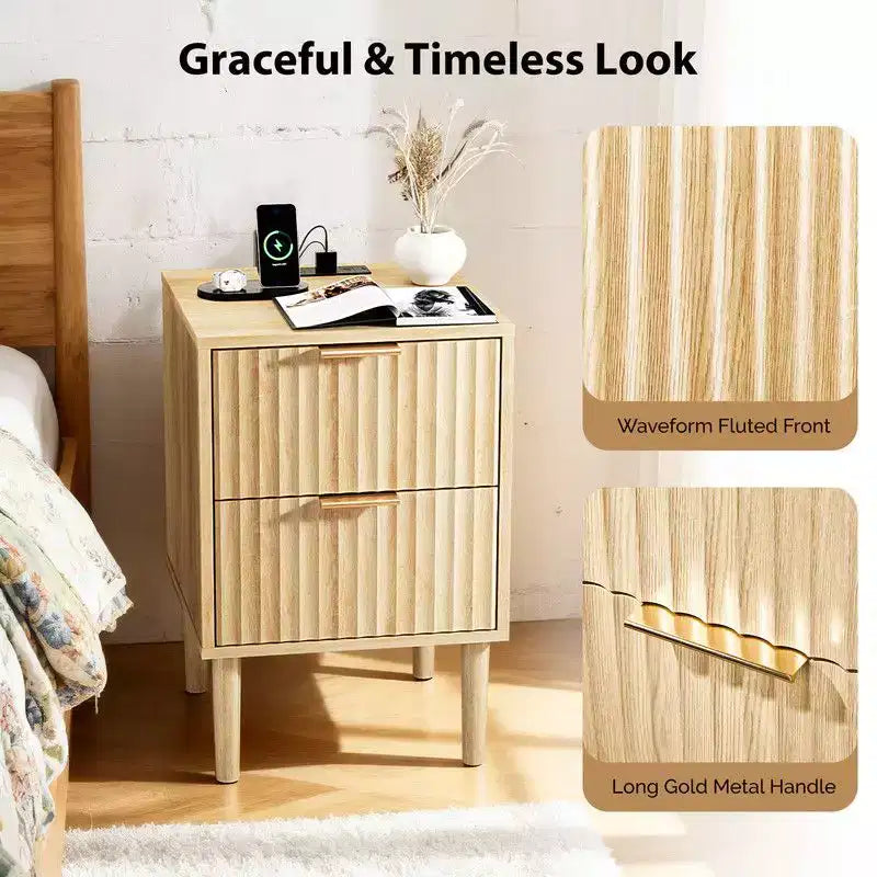 Comodino Karl Home da 39.8 cm, Rovere, MDF P2 da 15MM, Melaminico e Termoformato, 2 Cassetti, Presa USA (1USB+1TYPE C+2AC)