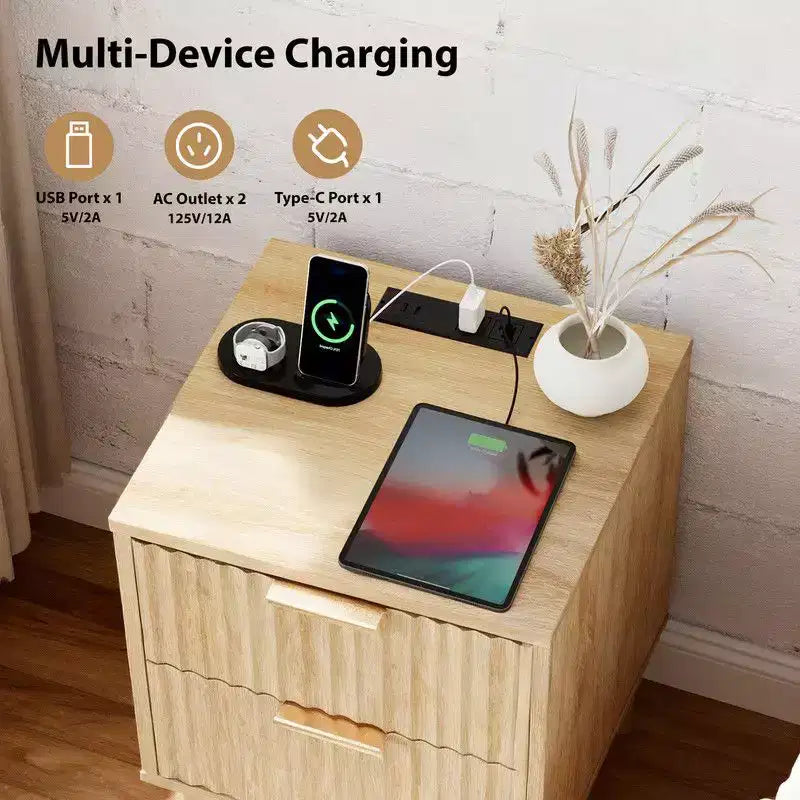 Comodino Karl Home da 39.8 cm, Rovere, MDF P2 da 15MM, Melaminico e Termoformato, 2 Cassetti, Presa USA (1USB+1TYPE C+2AC)
