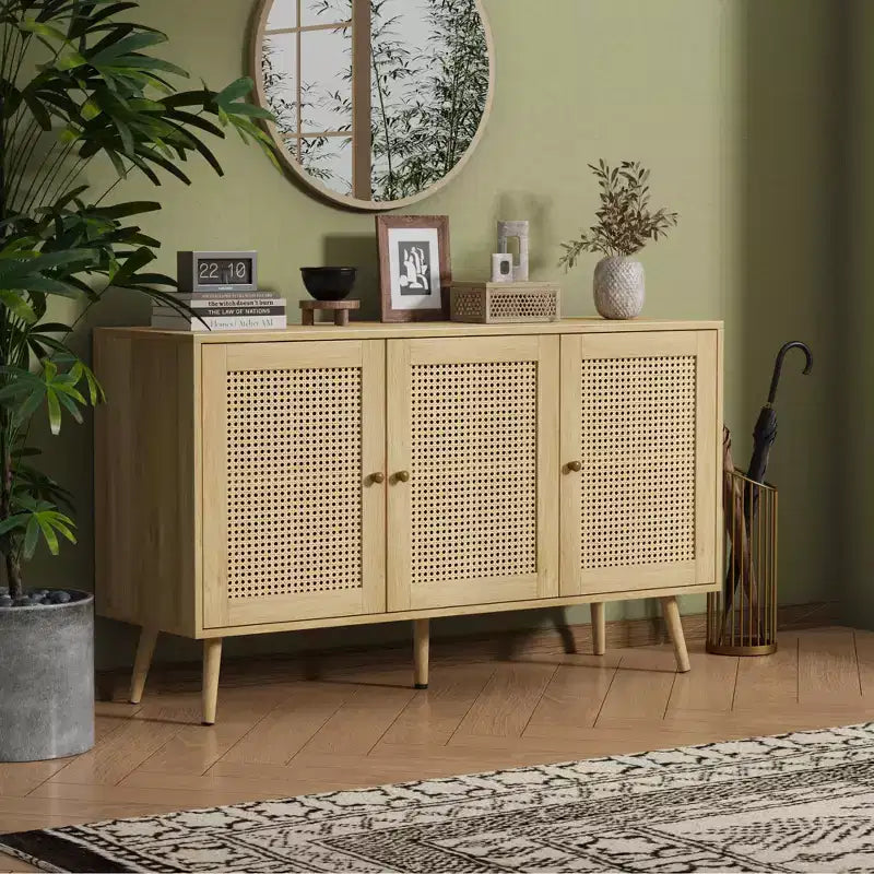 Set di 2 Tavolini da Salotto, Include Mobile TV in Rattan da 120 cm con Mobile Contenitore per TV da 55", Tavolino da Caffè Rustico con Ripiano per Camera da Letto
