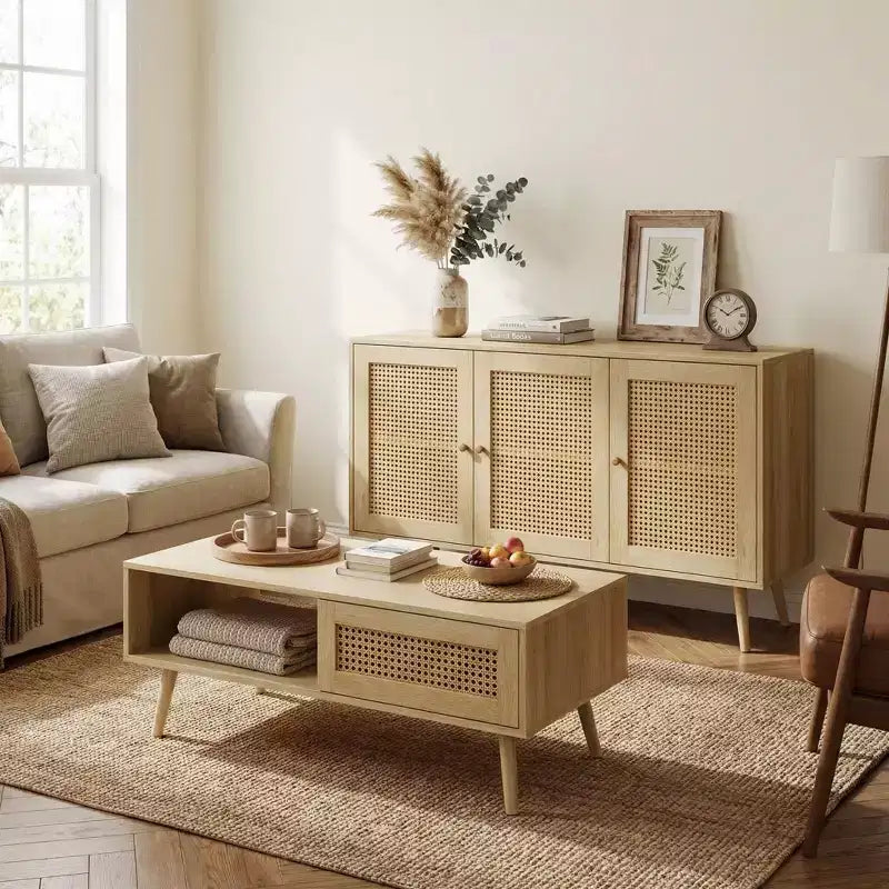 Set di 2 Tavolini da Salotto, Include Mobile TV in Rattan da 120 cm con Mobile Contenitore per TV da 55", Tavolino da Caffè Rustico con Ripiano per Camera da Letto