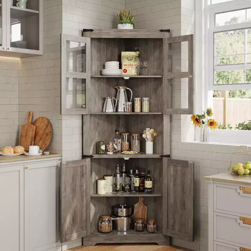 Mobile angolare a 6 ripiani con ante, Scaffale salvaspazio da pavimento per bagno, cucina, soggiorno, organizer multiuso per piccoli spazi