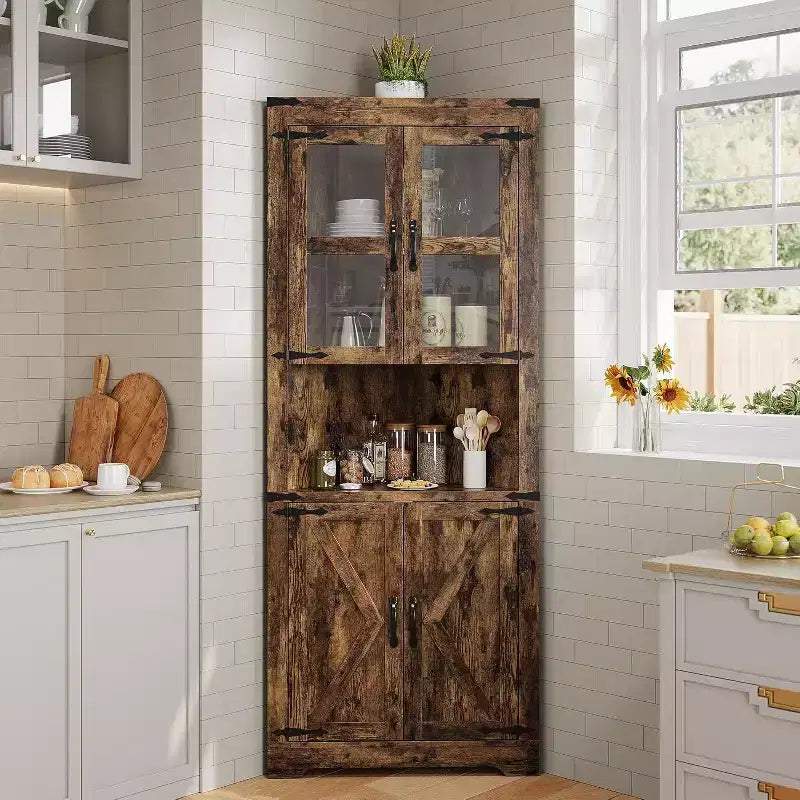 Mobile angolare a 6 ripiani con ante, Scaffale salvaspazio da pavimento per bagno, cucina, soggiorno, organizer multiuso per piccoli spazi