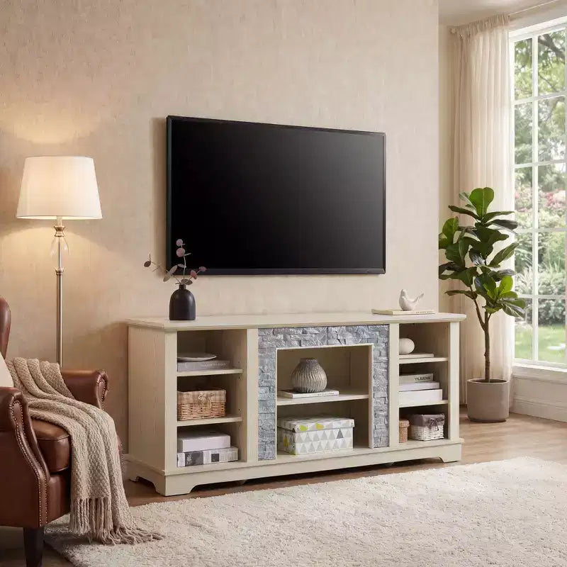 JVNOXK Mobile TV con camino elettrico e finto rivestimento in pietra impilata, con vano portaoggetti aperto, BIANCO, 58.31W*15.39D*26.06H