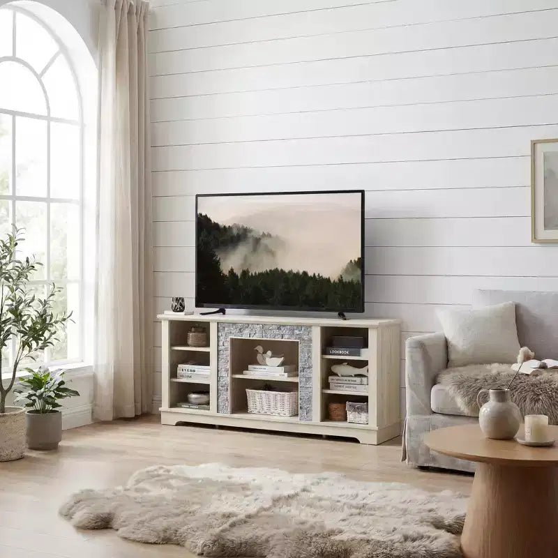 JVNOXK Mobile TV con camino elettrico e finto rivestimento in pietra impilata, con vano portaoggetti aperto, BIANCO, 58.31W*15.39D*26.06H