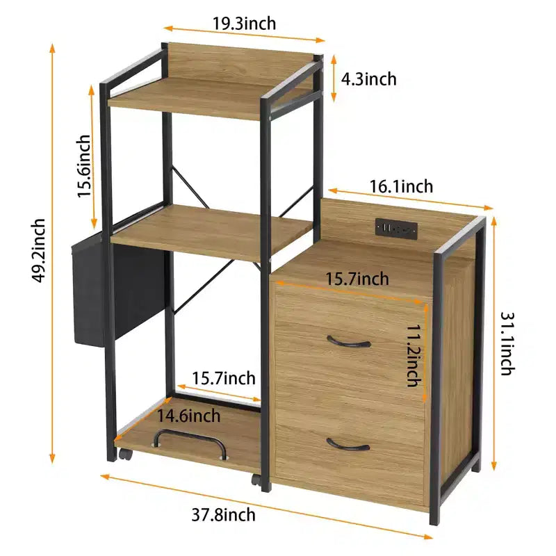 Schedario Mobile a 2 Cassetti con Ciabatta Integrata, Ampio Supporto per Stampante per Ufficio Domestico, Adatto per Formato Lettera/A4, Contenitore Utilitario con Ripiano Aperto