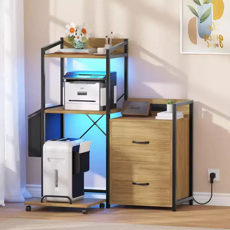 Schedario Mobile a 2 Cassetti con Ciabatta Integrata, Ampio Supporto per Stampante per Ufficio Domestico, Adatto per Formato Lettera/A4, Contenitore Utilitario con Ripiano Aperto