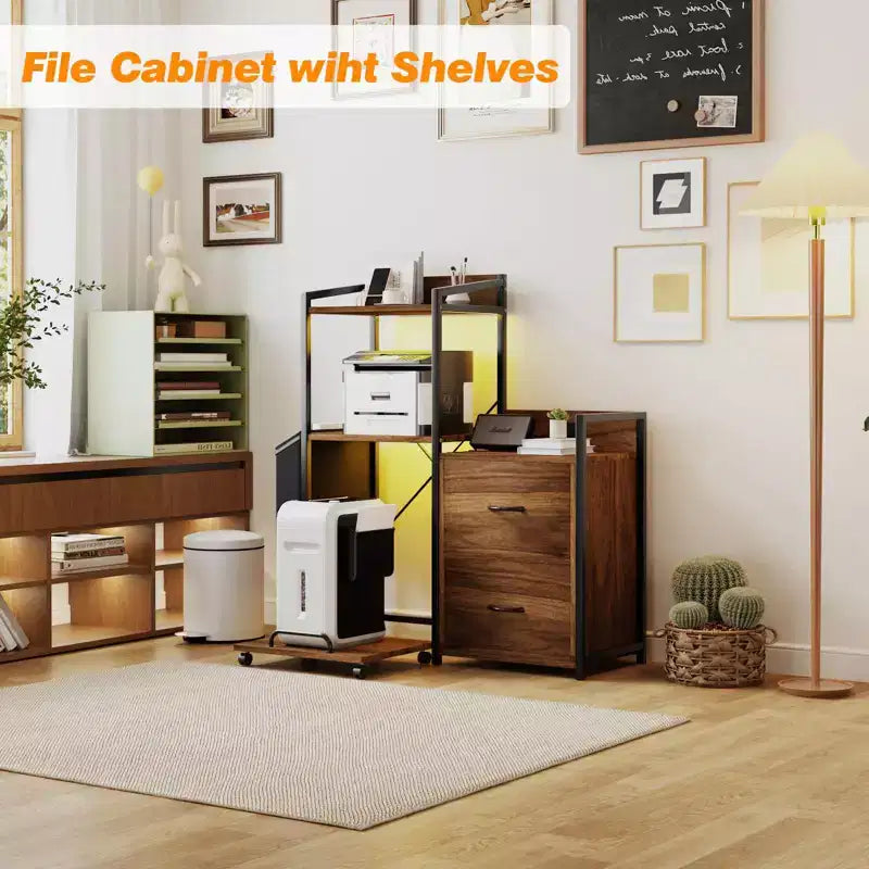 Schedario Mobile a 2 Cassetti con Ciabatta Integrata, Ampio Supporto per Stampante per Ufficio Domestico, Adatto per Formato Lettera/A4, Contenitore Utilitario con Ripiano Aperto