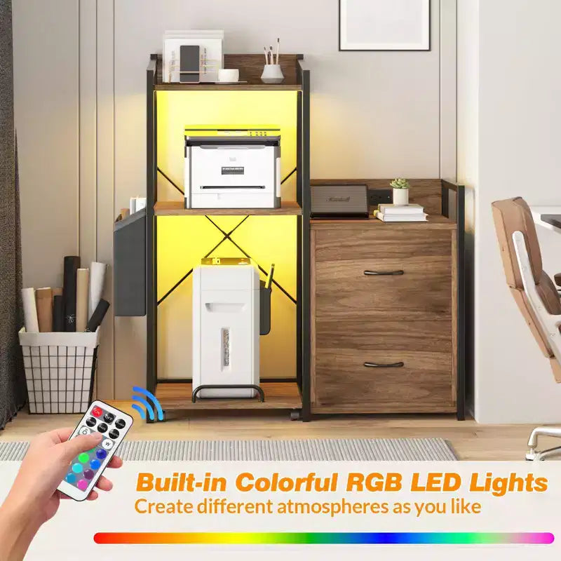 Schedario Mobile a 2 Cassetti con Ciabatta Integrata, Ampio Supporto per Stampante per Ufficio Domestico, Adatto per Formato Lettera/A4, Contenitore Utilitario con Ripiano Aperto