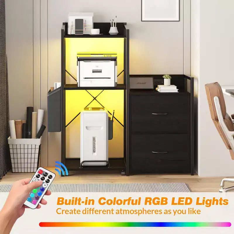 Schedario Mobile a 2 Cassetti con Ciabatta Integrata, Ampio Supporto per Stampante per Ufficio Domestico, Adatto per Formato Lettera/A4, Contenitore Utilitario con Ripiano Aperto
