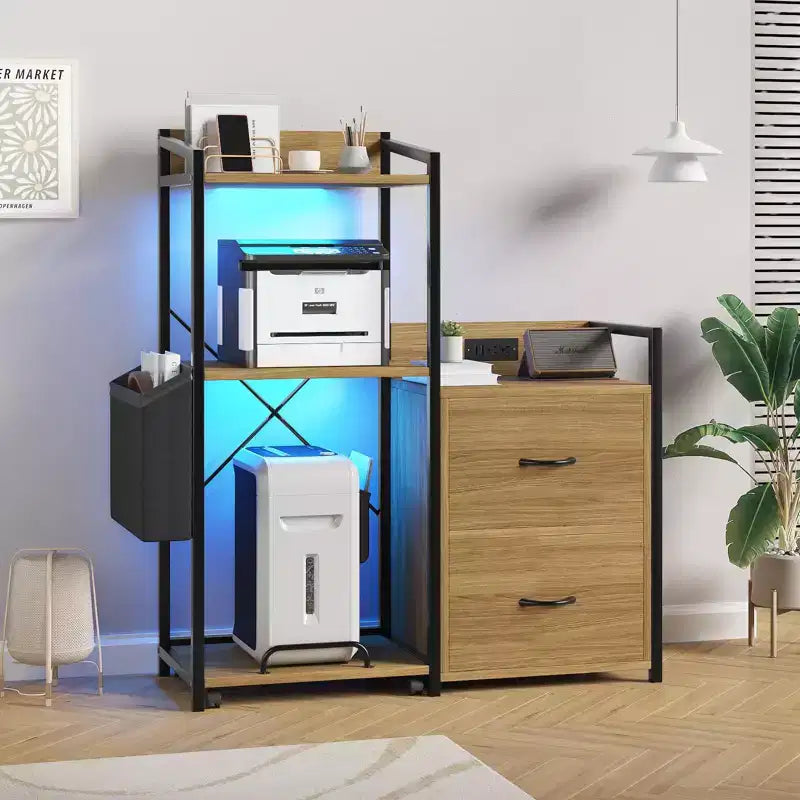 Schedario Mobile a 2 Cassetti con Ciabatta Integrata, Ampio Supporto per Stampante per Ufficio Domestico, Adatto per Formato Lettera/A4, Contenitore Utilitario con Ripiano Aperto