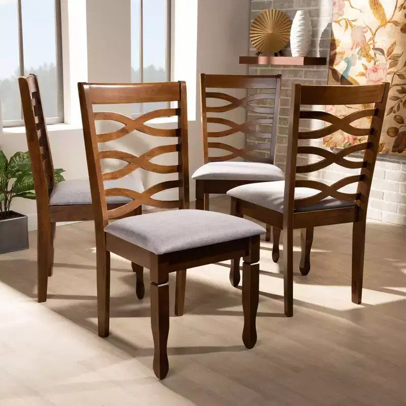 Sedia da pranzo senza braccioli imbottita grigia, finitura noce – Set da 4