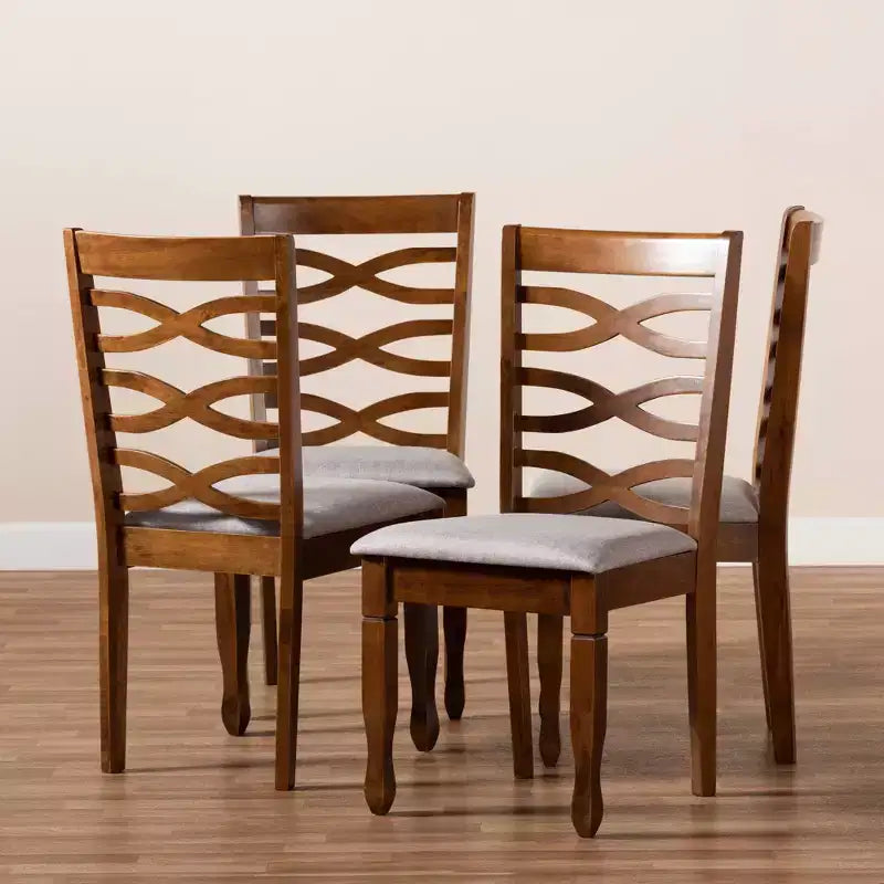 Sedia da pranzo senza braccioli imbottita grigia, finitura noce – Set da 4