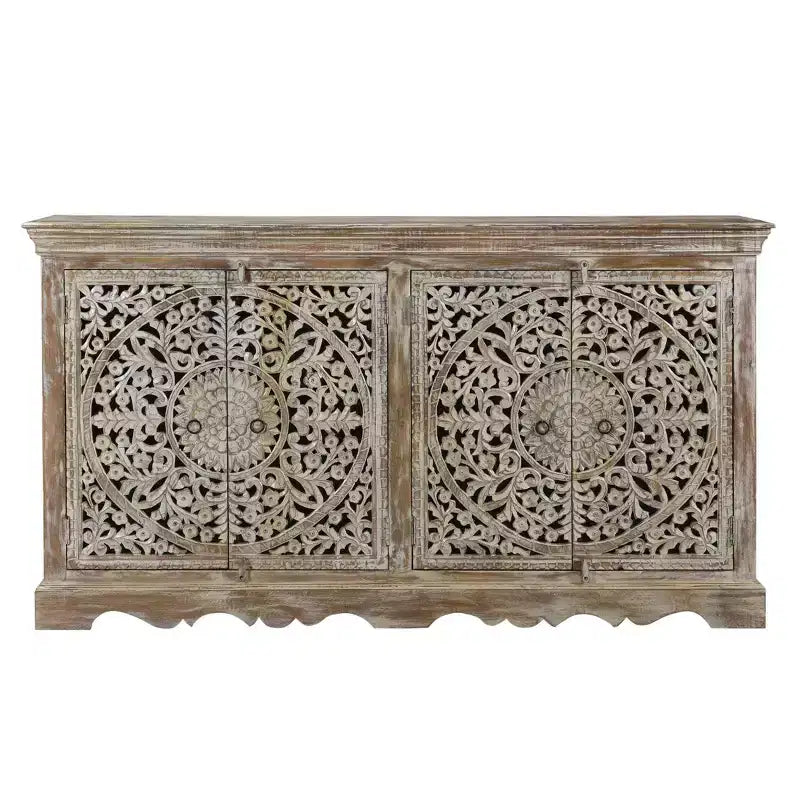 Credenza rustica in legno marrone intagliato – 4 ante, 1 pezzo