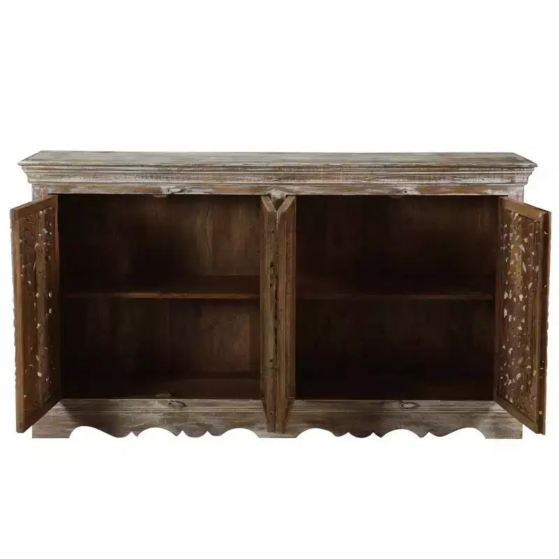 Credenza rustica in legno marrone intagliato – 4 ante, 1 pezzo