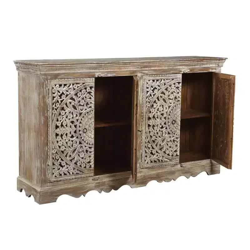 Credenza rustica in legno marrone intagliato – 4 ante, 1 pezzo
