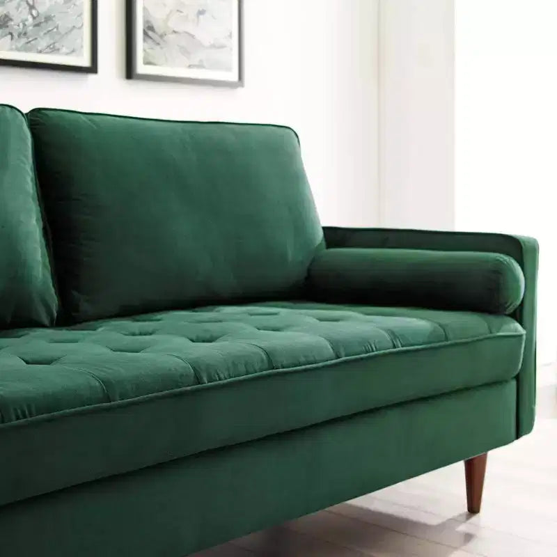 Divano a 3 posti in velluto verde, capitonné, stile Mid-Century