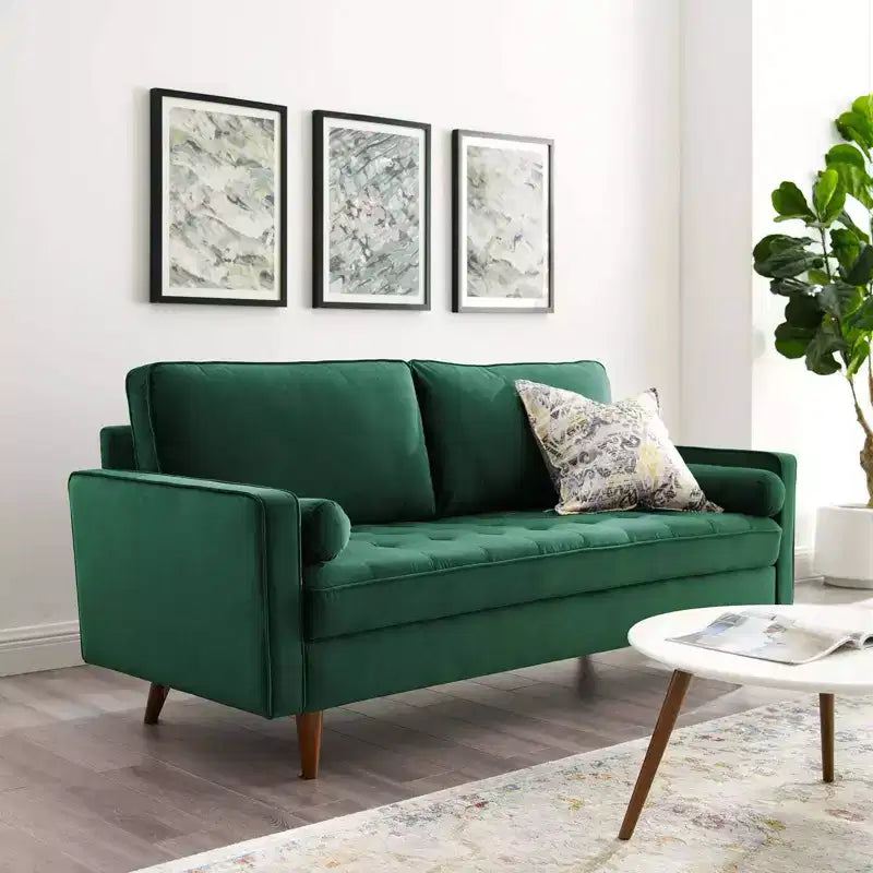 Divano a 3 posti in velluto verde, capitonné, stile Mid-Century