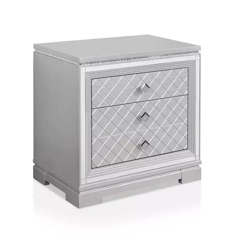 Comodino Silver Glam a 2 cassetti con porta USB, 1 persona