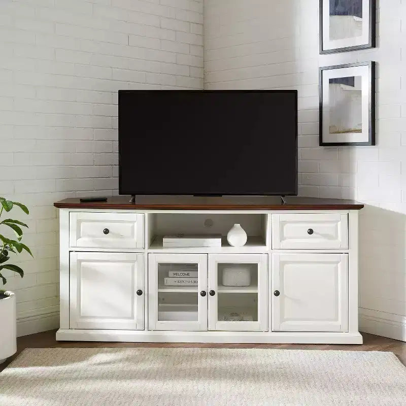 Mobile TV angolare bianco con ante in vetro, adatto per TV fino a 65", montaggio con 1 persona