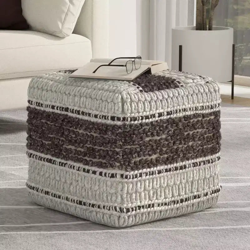 Pouf quadrato intrecciato magenta e naturale, 1 posto
