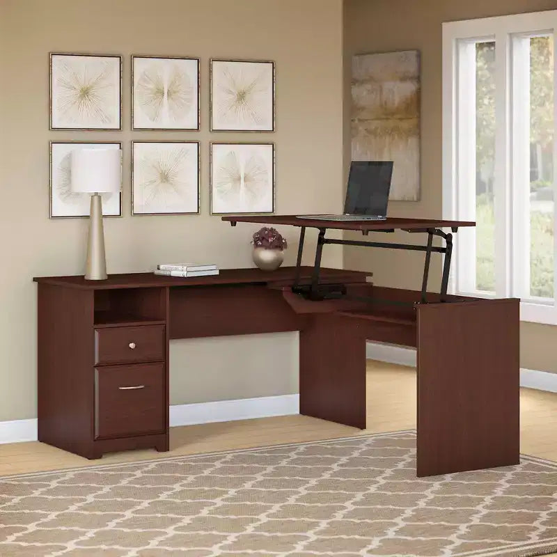 Scrivania a L Sit-to-Stand Harvest Cherry con Cassetti, 1 Posto