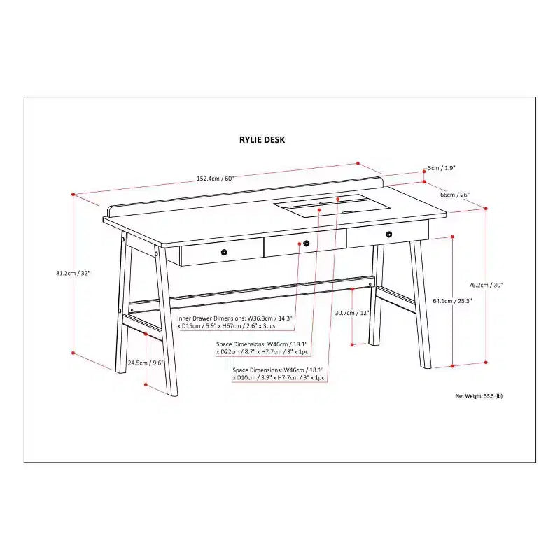 Scrivania marrone invecchiato naturale, 3 cassetti, 1 posto (60" L)